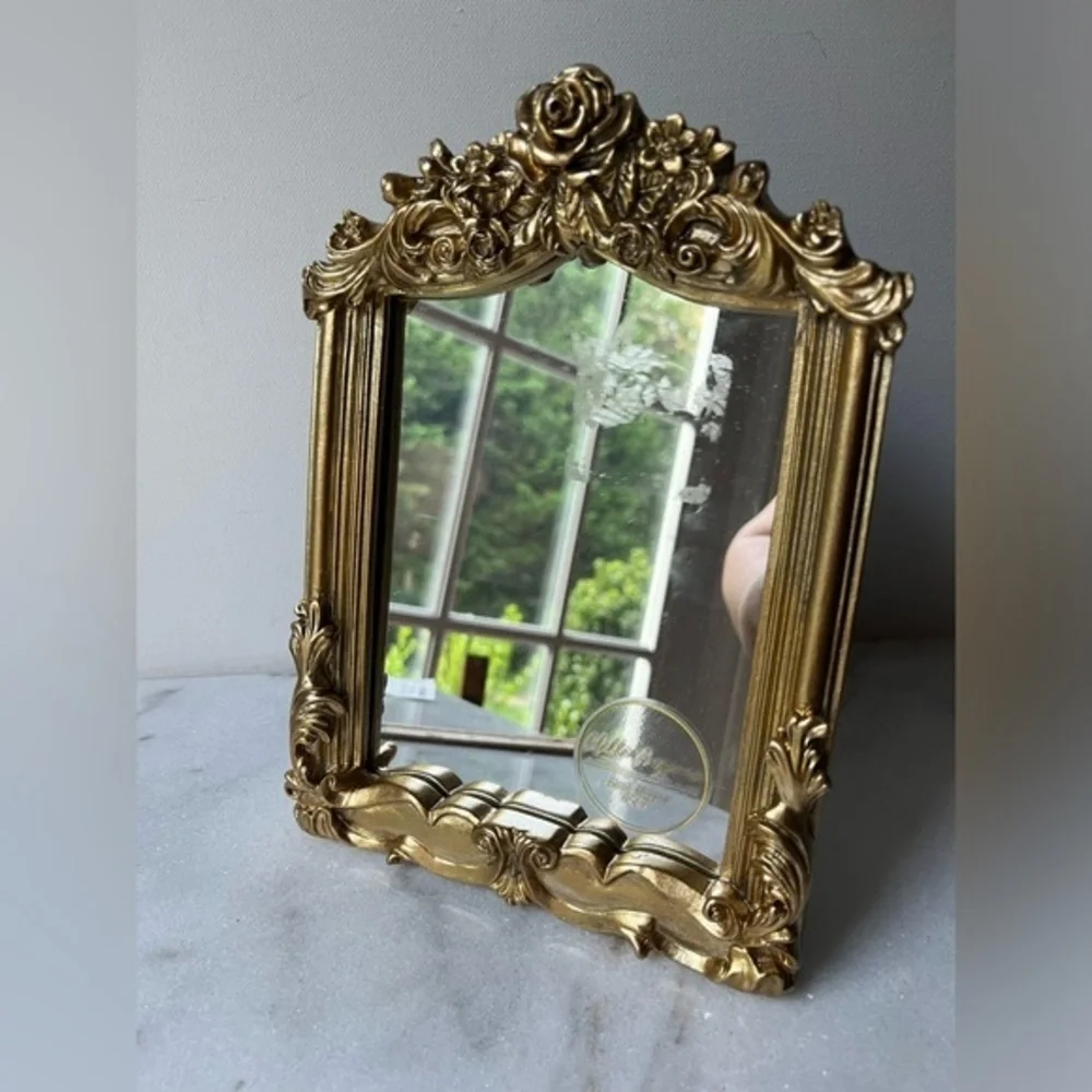 Ornate gold floral table top mirror 6”x9”